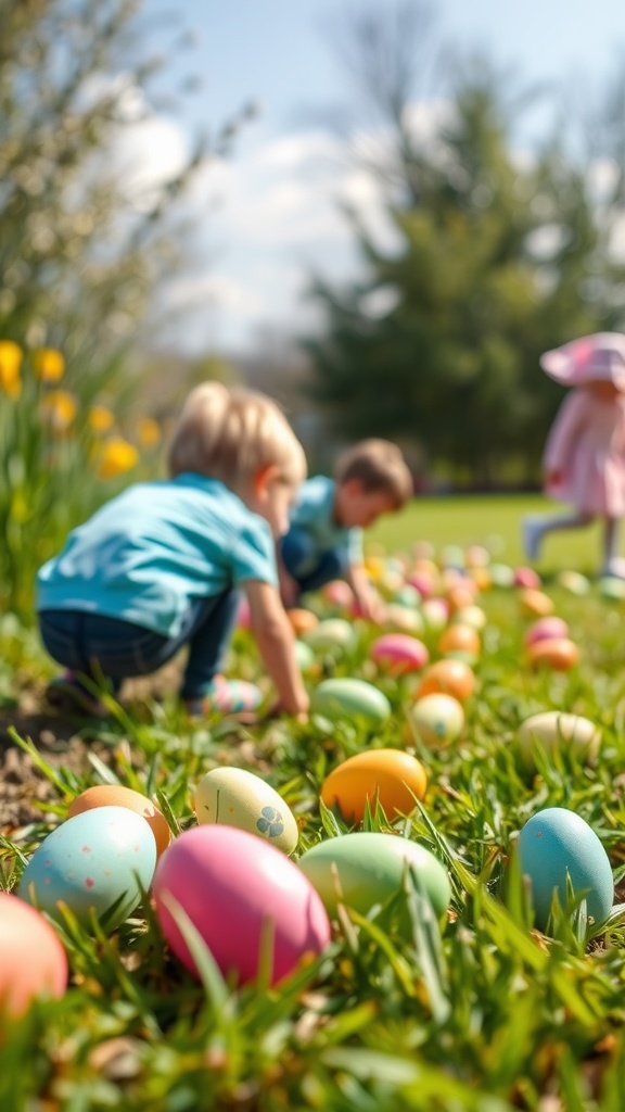 Children searching for colorful Easter eggs in a grassy area