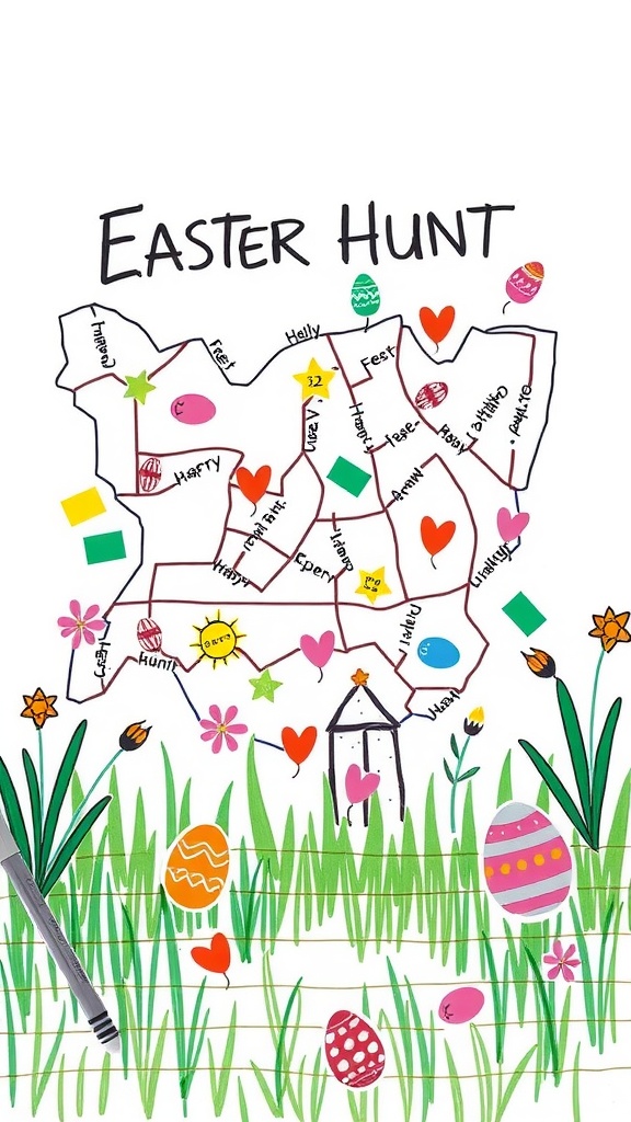 A hand-drawn Easter egg hunt map with colorful decorations.