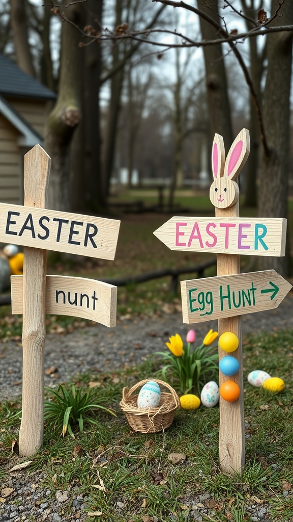 Wooden signs for an Easter egg hunt, featuring colorful letters and a bunny design.