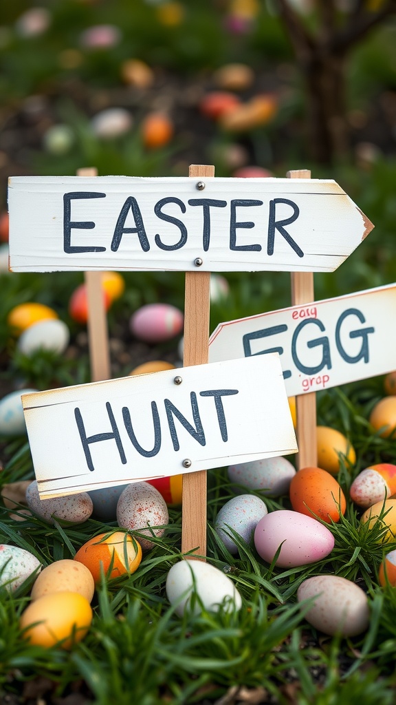 Handmade signs reading 'EASTER' and 'HUNT' surrounded by colorful Easter eggs on grass.