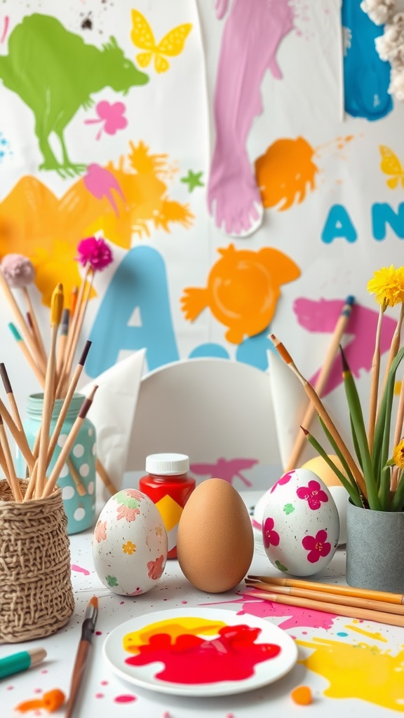 A colorful Easter egg painting setup with decorated eggs, paint, and art supplies on a table.