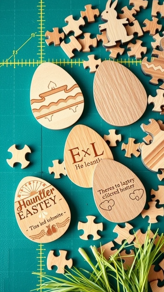 Wooden Easter egg puzzle pieces on a green cutting mat