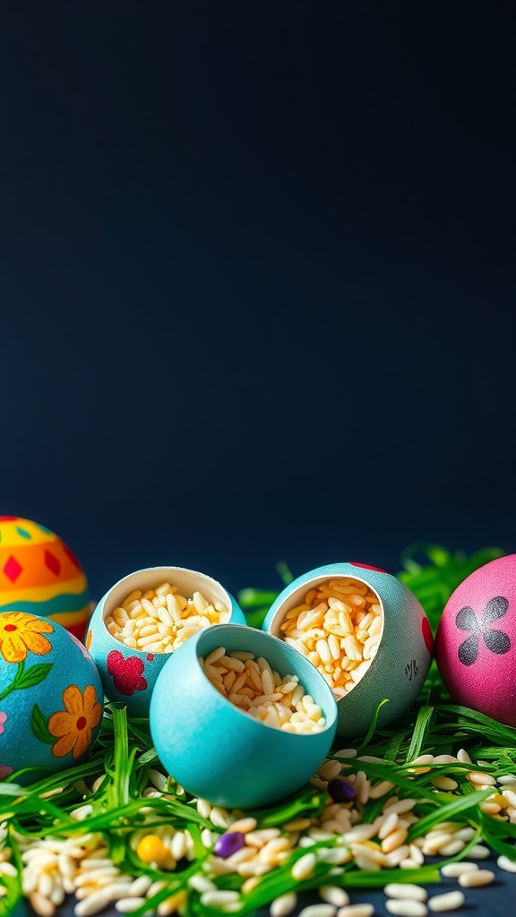 Colorful decorated Easter eggs filled with rice on a green grass background