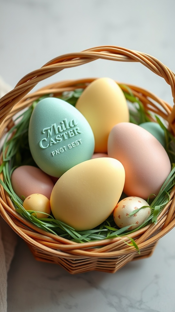 Colorful Easter egg-shaped soaps in a basket with decorative grass.