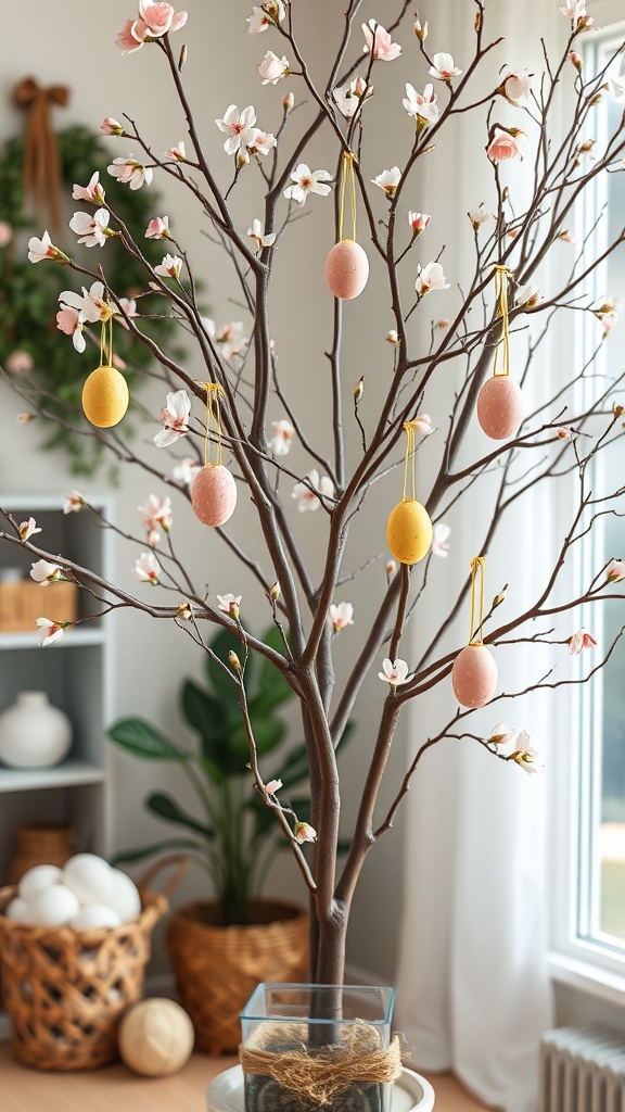 A decorative Easter Egg Tree with pastel-colored eggs and flowers.