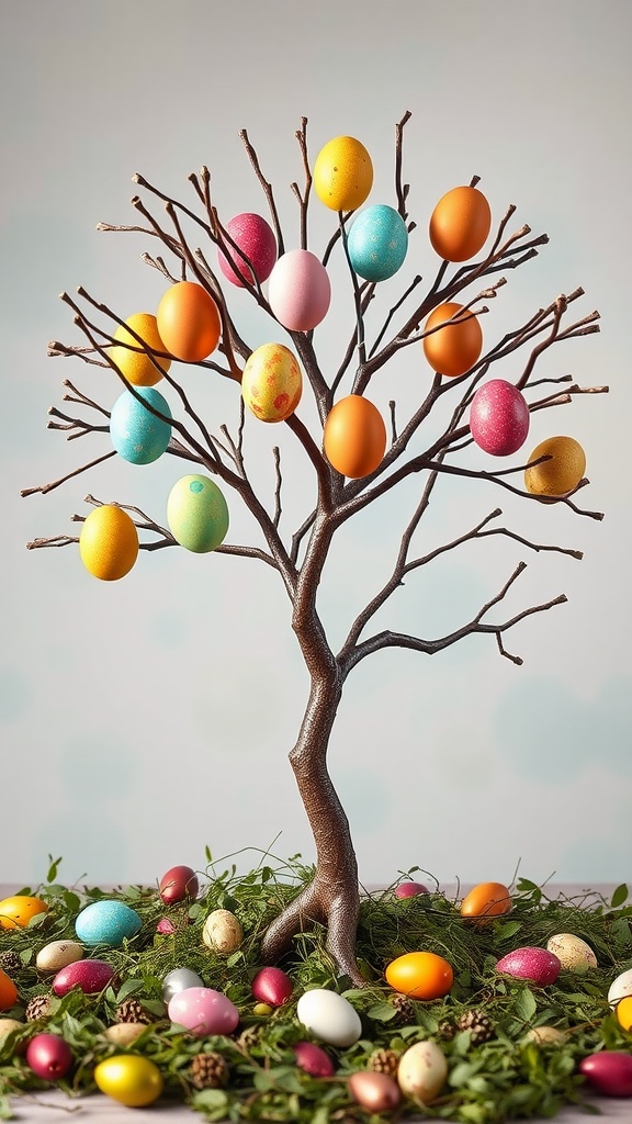 A decorative Easter Egg Tree with colorful eggs hanging from branches, surrounded by smaller eggs and greenery.