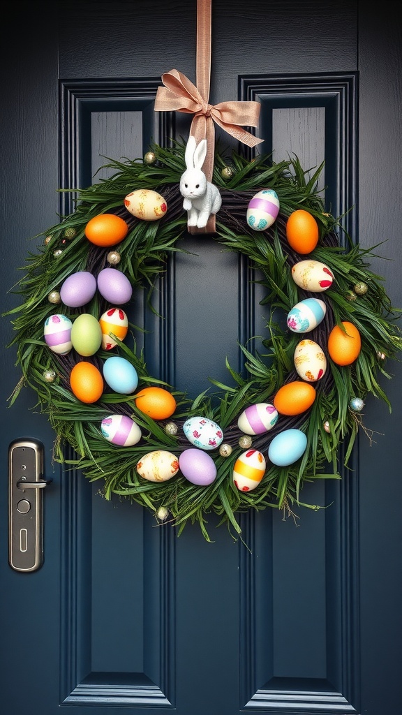 A colorful Easter egg wreath featuring plastic eggs and greenery, hanging on a blue door.