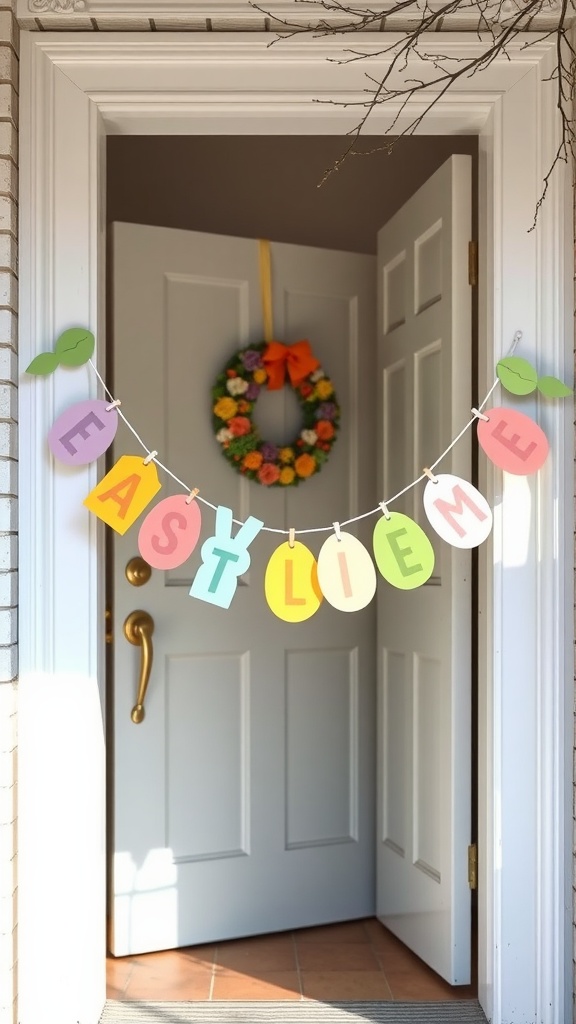 A colorful Easter garland made of paper shapes hanging on a doorway, with a wreath in the background.