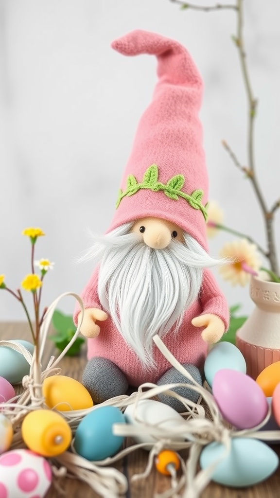 A cute Easter gnome with a pink hat and white beard surrounded by colorful Easter eggs and flowers.