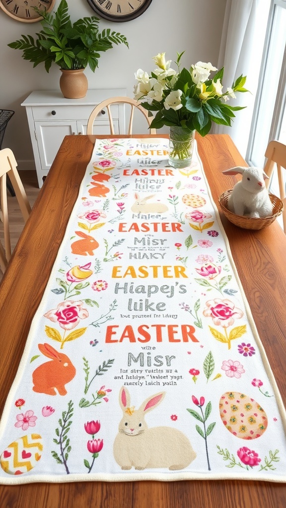 A colorful Easter-themed table runner with bunnies, flowers, and eggs on a dining table