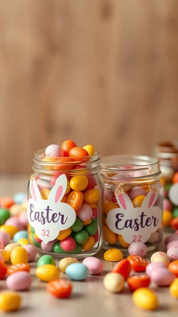 Colorful mason jars filled with candy, decorated with Easter labels and bunny ears.