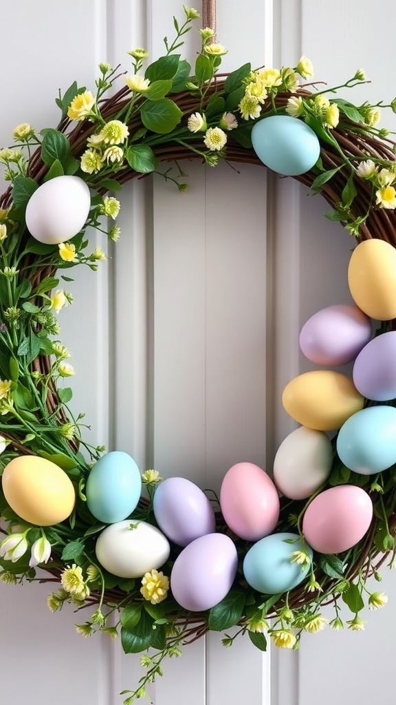 A beautiful wreath decorated with pastel-colored eggs and yellow flowers, hanging on a door.