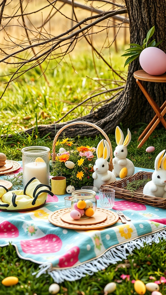 A colorful Easter picnic setup with bunny decorations, flowers, and festive snacks.