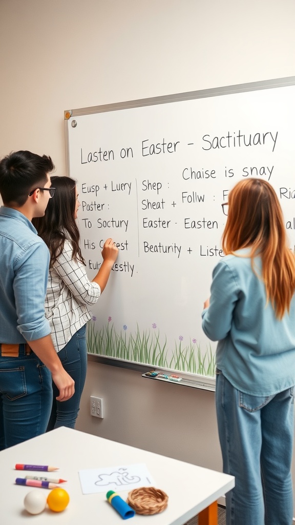 A group of friends brainstorming for Easter Pictionary, with a whiteboard displaying Easter-related words.