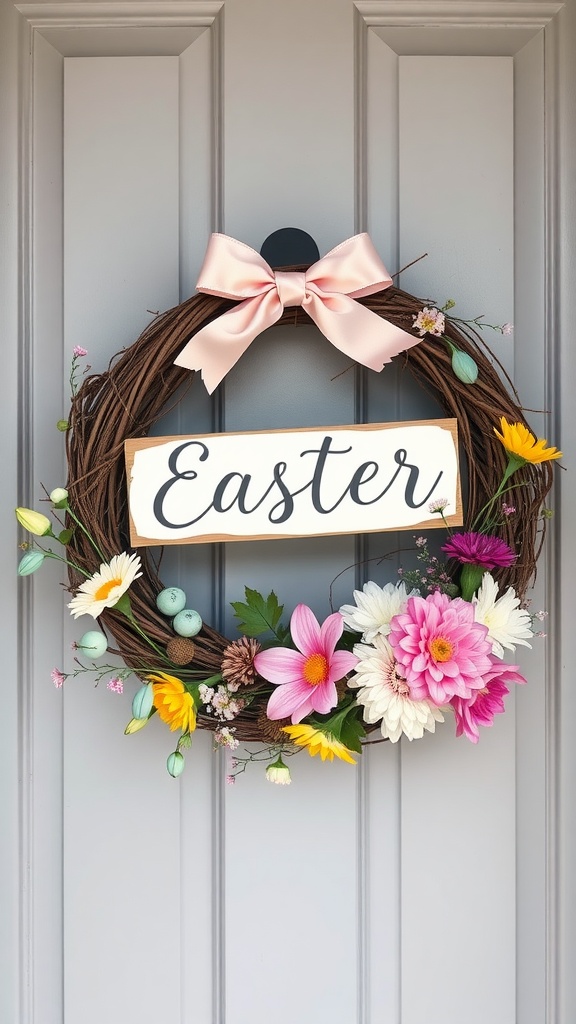 Easter wreath with flowers and a sign on a door