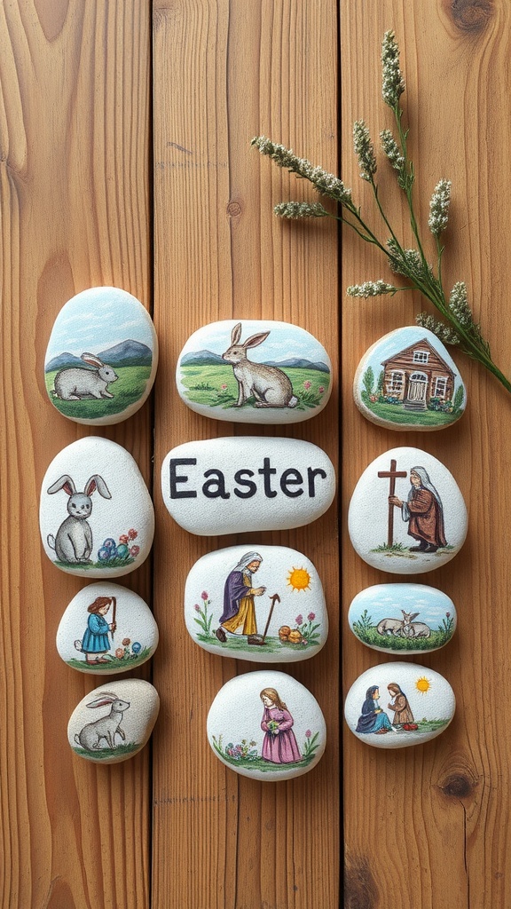 Colorful Easter story stones featuring bunnies, flowers, and Easter characters arranged on a wooden surface.