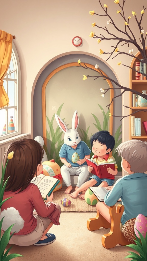 Children enjoying story time with a bunny in a cozy setting decorated for Easter