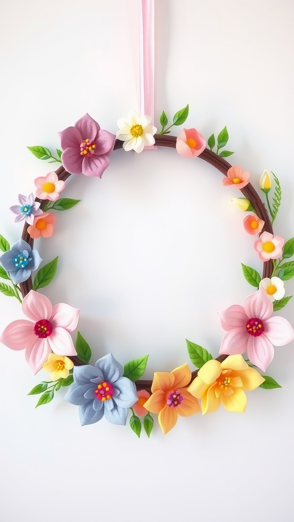 Colorful felt flower wreath with pink ribbon and various flowers