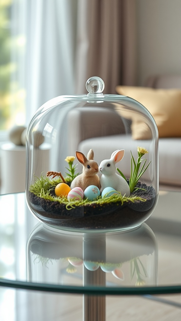 A glass terrarium featuring two bunnies and colorful Easter eggs