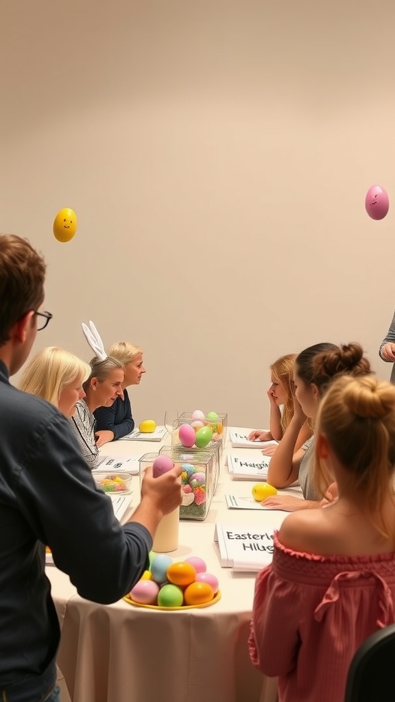 Participants engaged in an Easter trivia quiz with colorful eggs and festive decorations.