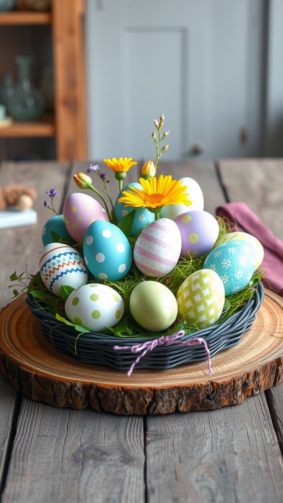 Colorful Easter eggs arranged in a basket with flowers on a wooden surface.