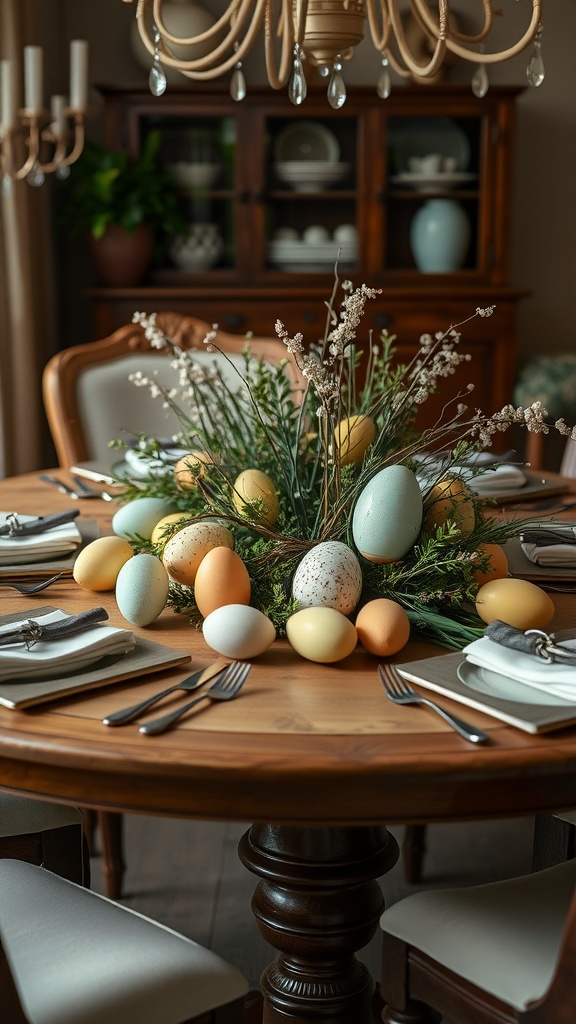 Easter table arrangement featuring colorful eggs and greenery