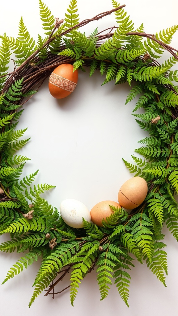 A wreath made of ferns and Easter eggs in various colors.