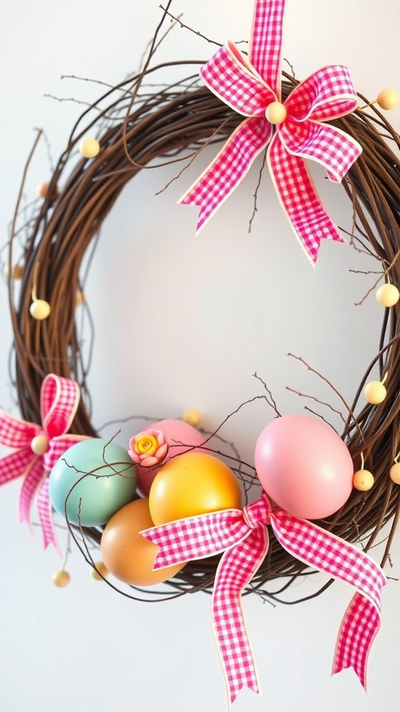 Easter egg wreath made with twigs, colorful eggs, and pink gingham ribbons.