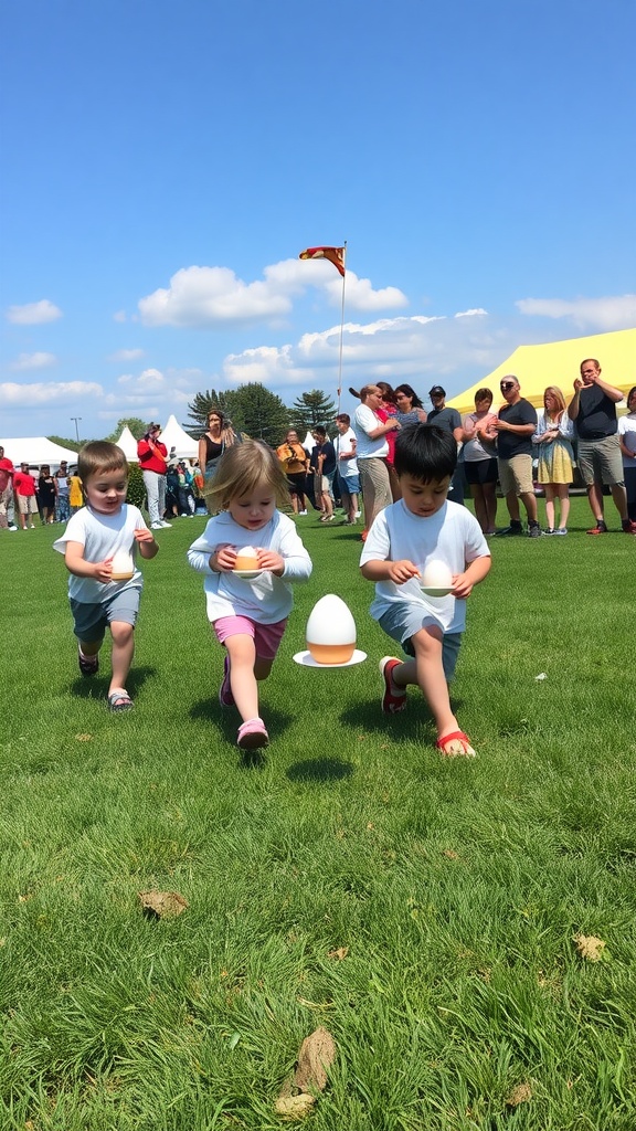 Children participating in an Egg and Spoon Race, focusing on balancing eggs on spoons while running on grass.