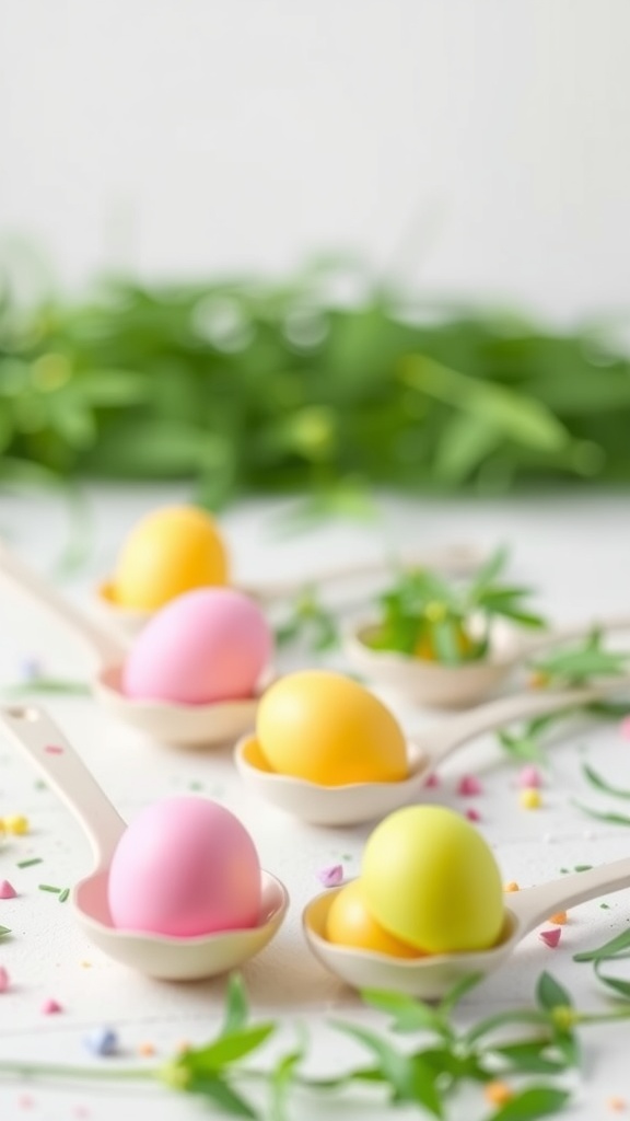 Colorful plastic eggs in measuring spoons surrounded by greenery and confetti.