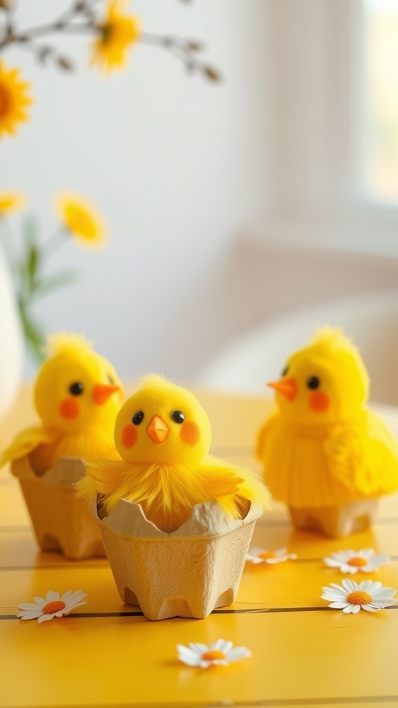 Three bright yellow chicks made from egg cartons, sitting on a sunny yellow table with daisies.