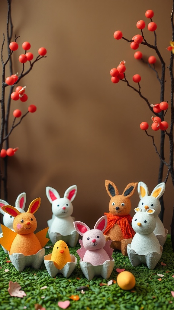 Colorful egg carton critters including bunnies and chicks, displayed in a festive setting