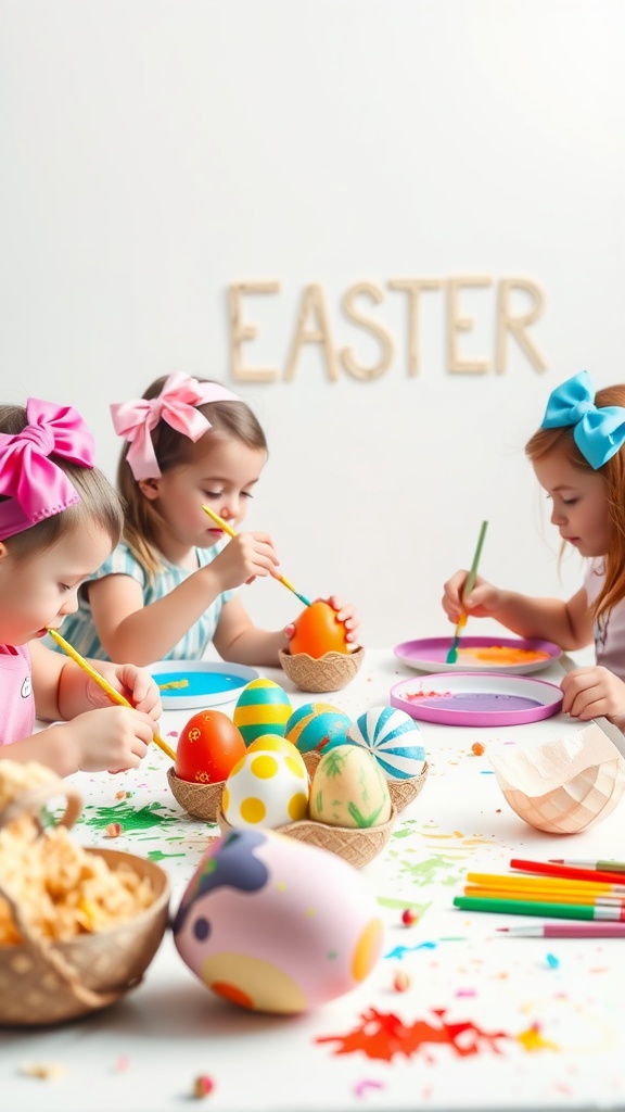 Children participating in an Easter egg decorating contest, focused on painting colorful eggs with various art supplies.