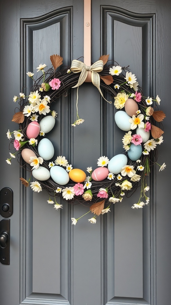 A colorful Easter egg wreath with flowers and a bow hanging on a gray door.