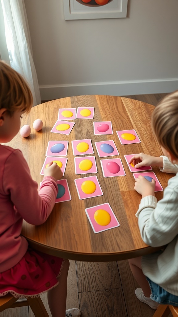 Children playing Egg Memory Match with colorful cards on a table