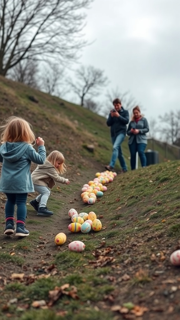 Children participating in an egg rolling contest on a grassy hill with colorful eggs scattered around.