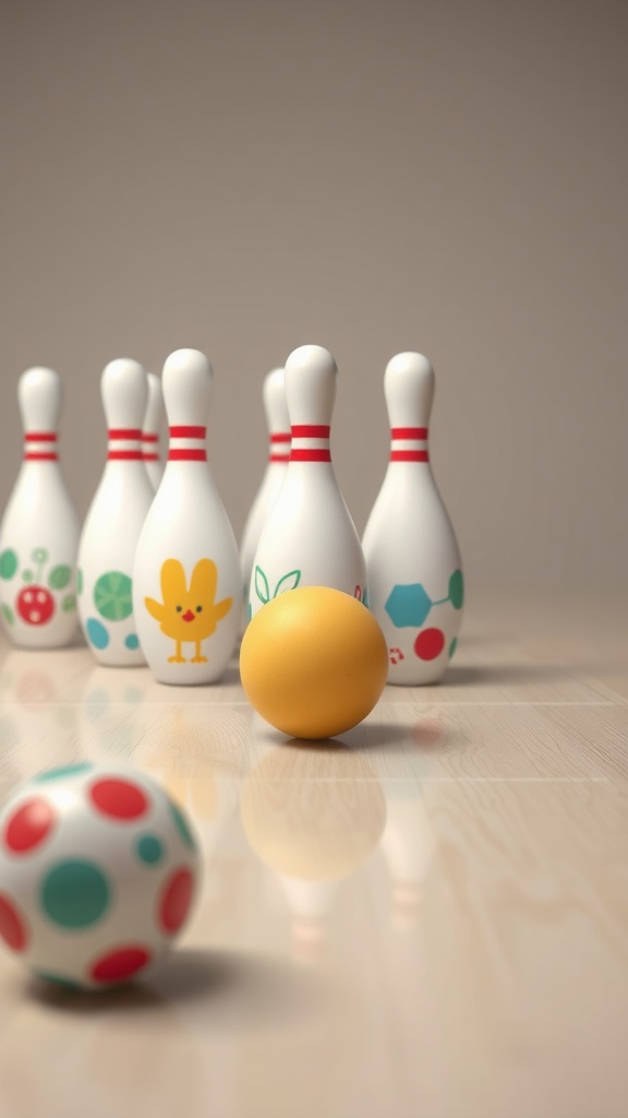 Colorful bowling setup featuring Easter-themed pins and eggs