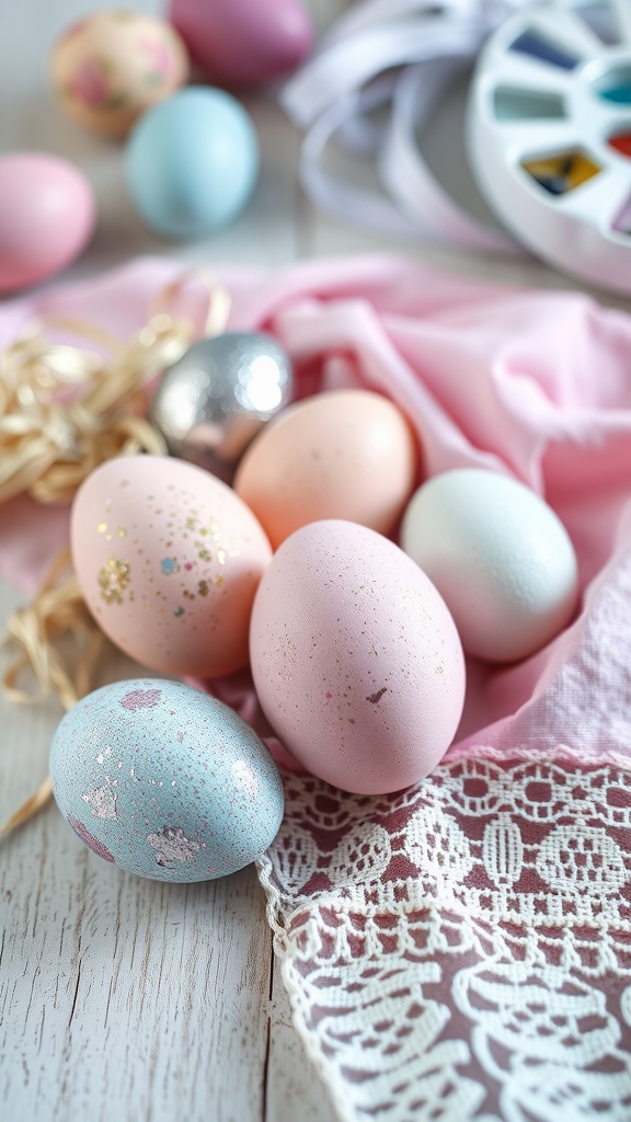 A collection of textured Easter eggs in pastel colors on a wooden surface