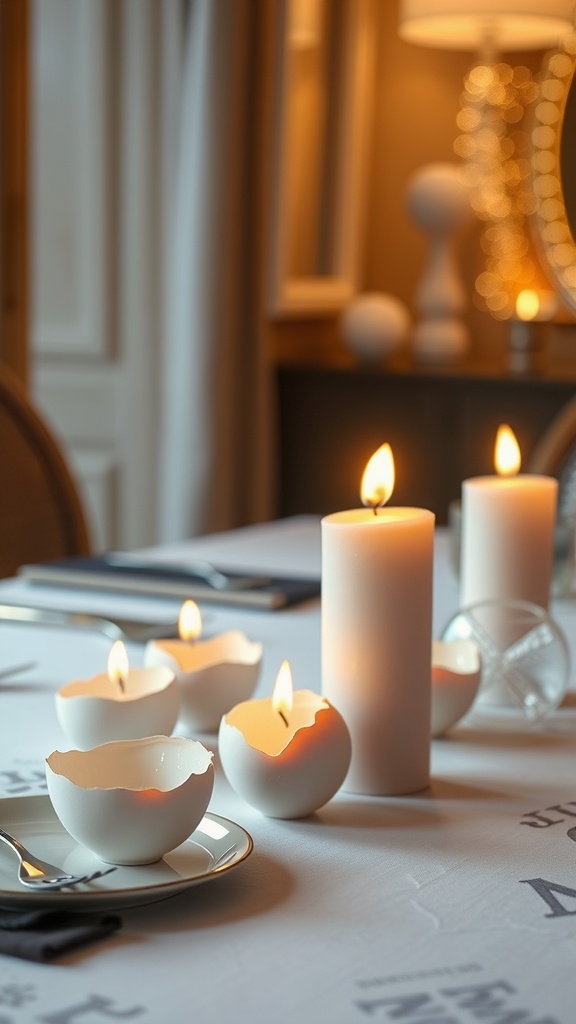 A cozy display of eggshell candles and white pillar candles on a dining table, creating a warm atmosphere.