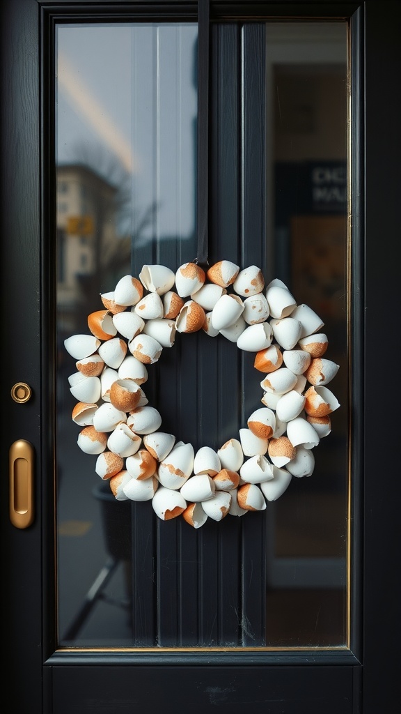 A wreath made of eggshells hanging on a black door.