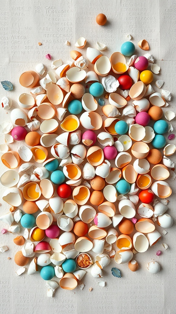 A colorful collection of broken eggshells in various shapes and colors scattered on a surface.