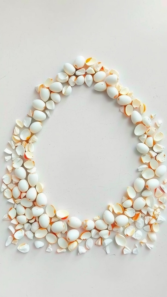 A circular arrangement of white and orange eggshells creating mosaic art.