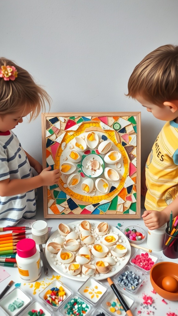 Children creating eggshell mosaic art with colorful decorations.