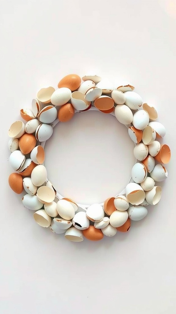 A wreath made from colorful eggshells, showcasing an intricate mosaic design.