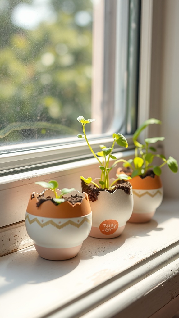 Three eggshell planters on a windowsill with small plants growing inside.