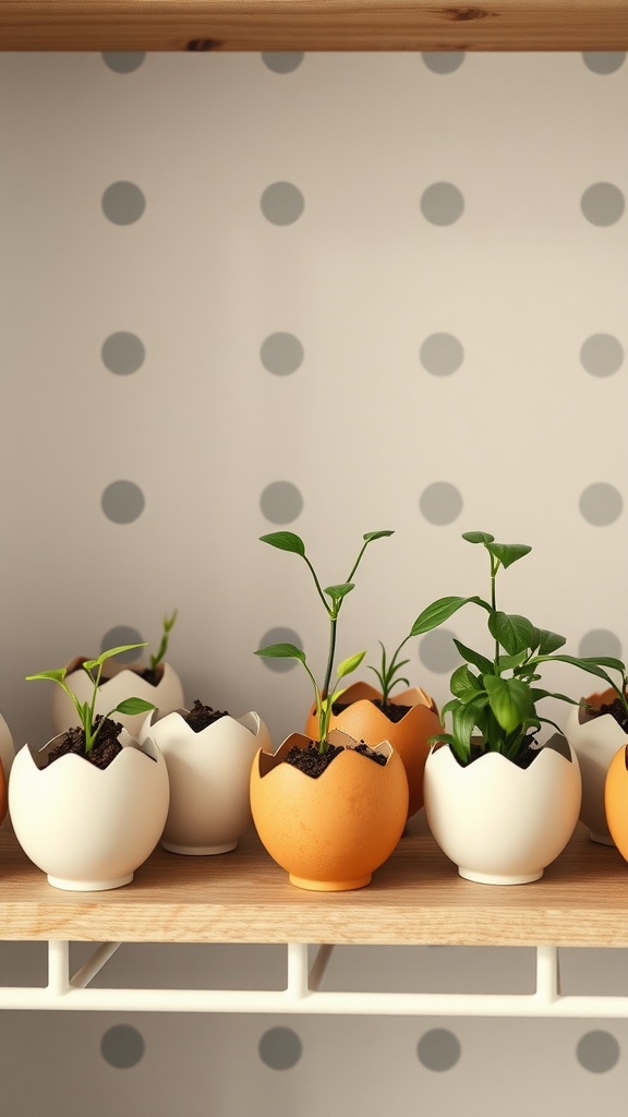 A display of eggshell planters with small plants on a shelf against a dotted wall.