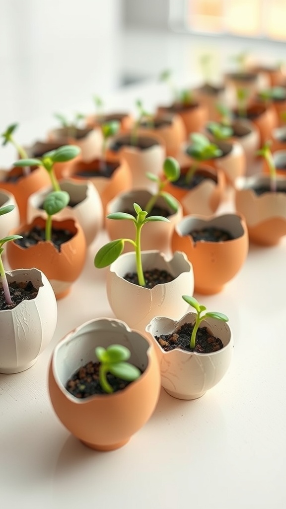 A row of colorful eggshell planters with small green plants growing inside.