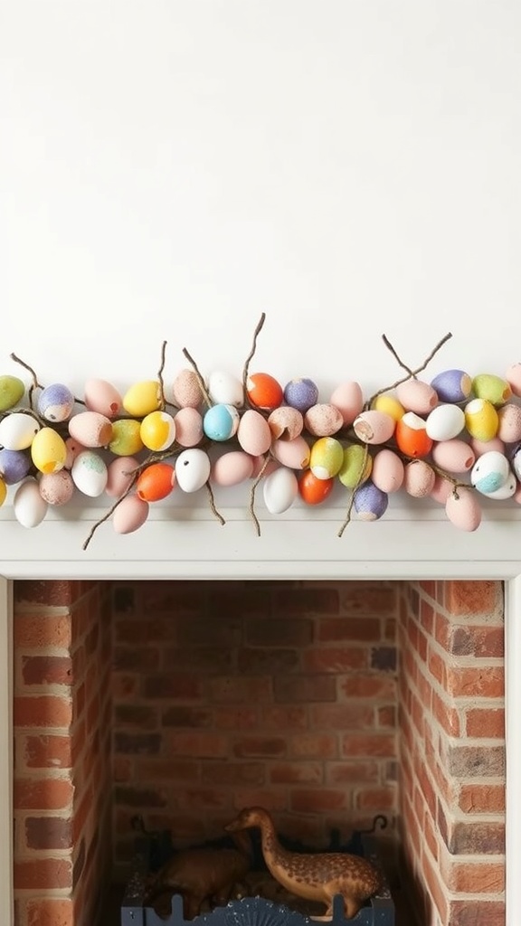 Colorful eggshell string garland hanging above a fireplace mantel