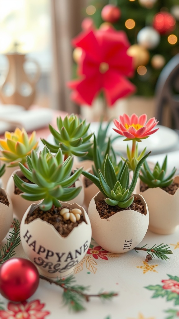 A display of succulents planted in cracked eggshells, with festive decorations in the background.