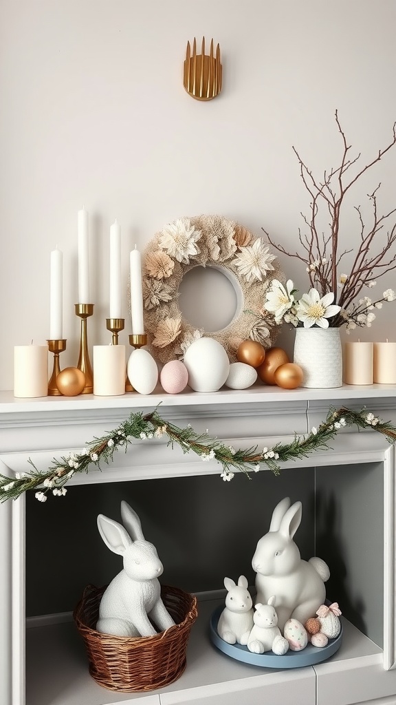 An elegantly decorated mantel with white and gold theme for Easter, featuring candles, floral wreath, bunny figurines, and pastel eggs.